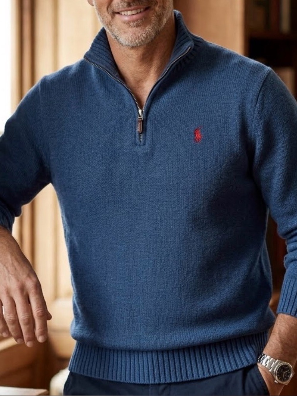 Polo Ralph Lauren Quarter-Zip Knit Sweater Blue with Red Pony - Size M 0169